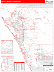 Sarasota-Bradenton Metro Area Wall Map Red Line Style 2024